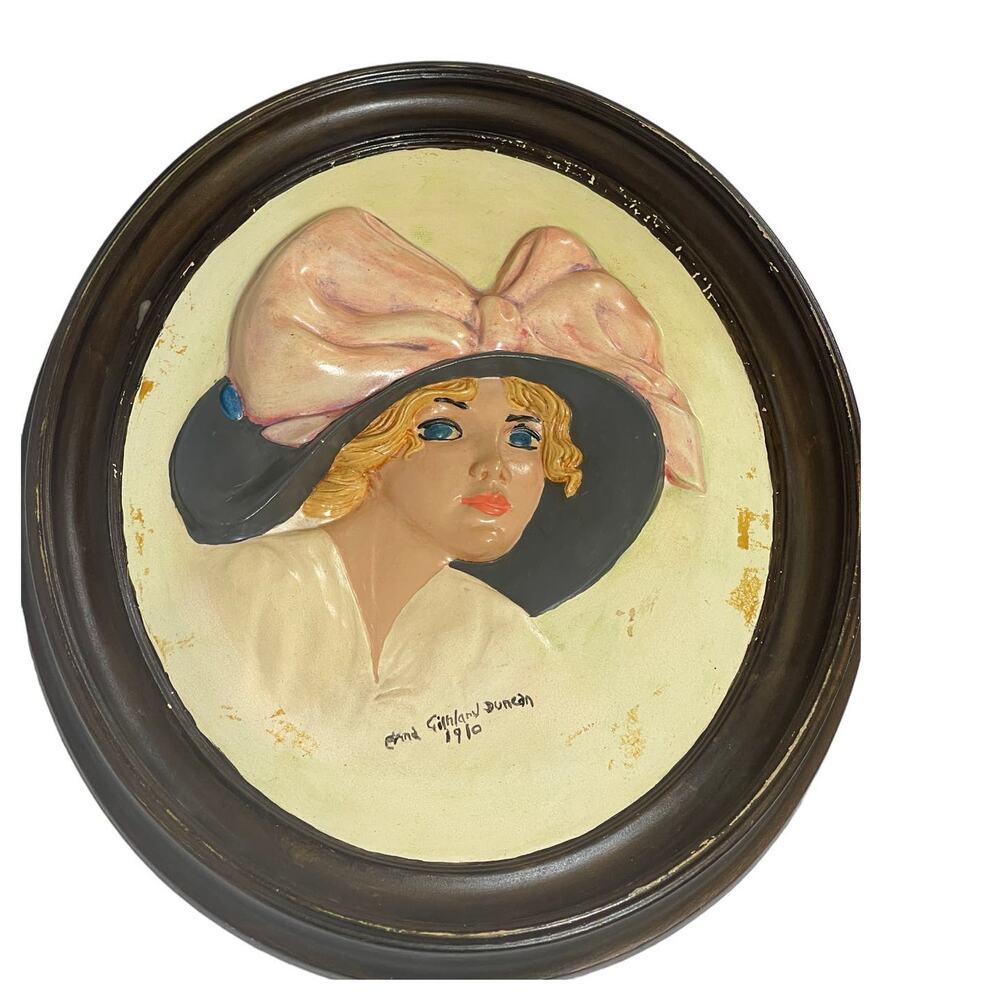 Emma Duncan Lady Big Hat & Cow Cameo Ceramic Wall Plaque 1975 Vintage Victorian